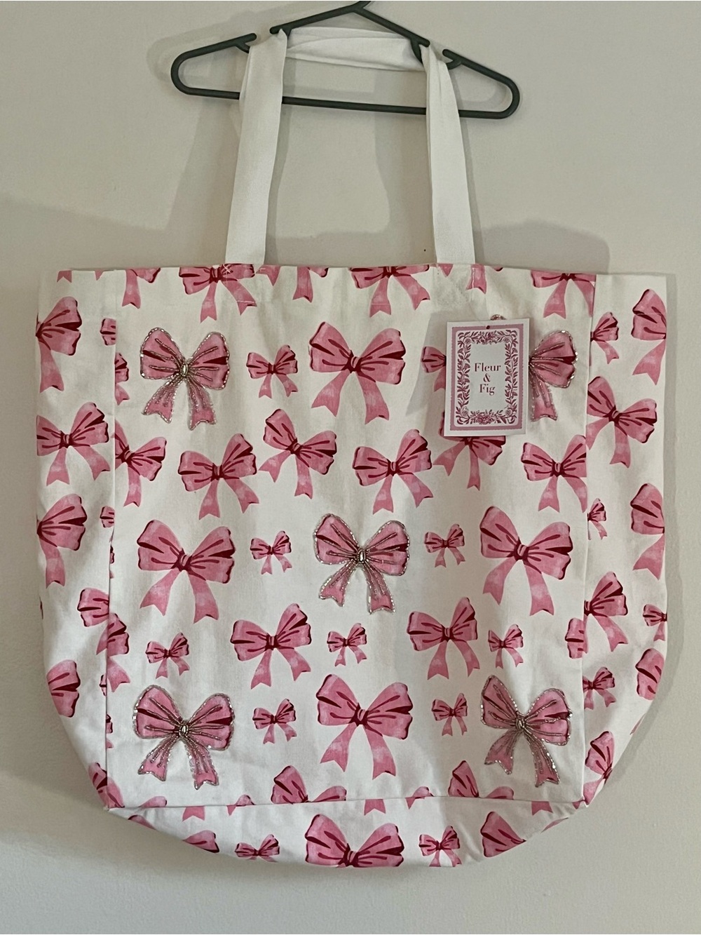 Large Pink Bow Print Cotton Canvas Tote